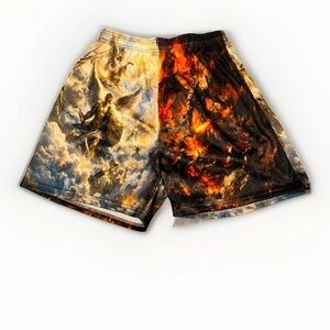 ASYLUM CO. HEAVEN VS HELL MURAL SATIN MESH SHORTS 2X NEW